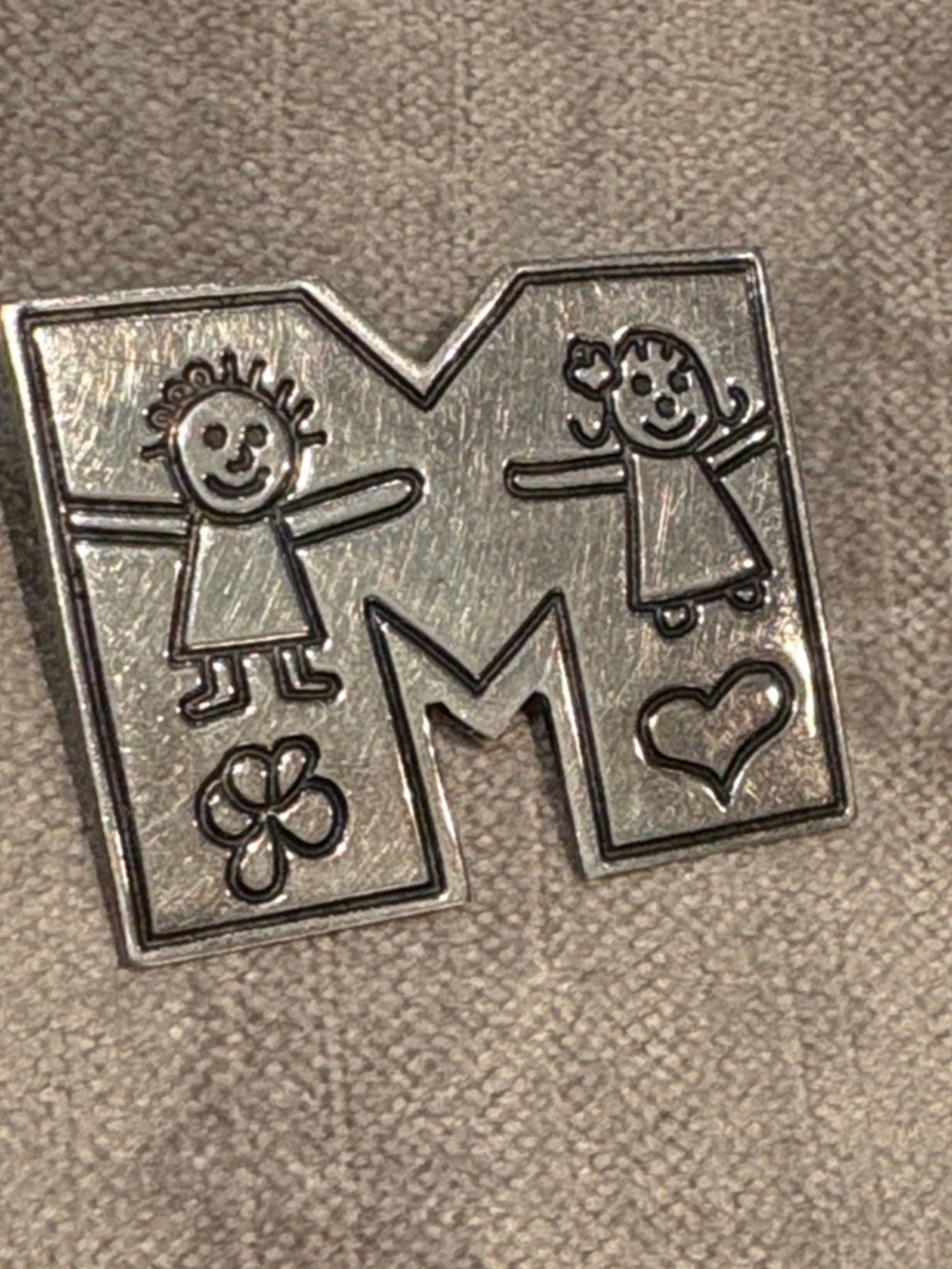 Silver M Initial Charm with Playful Kids Motif Sterling 925 80’s Vintage